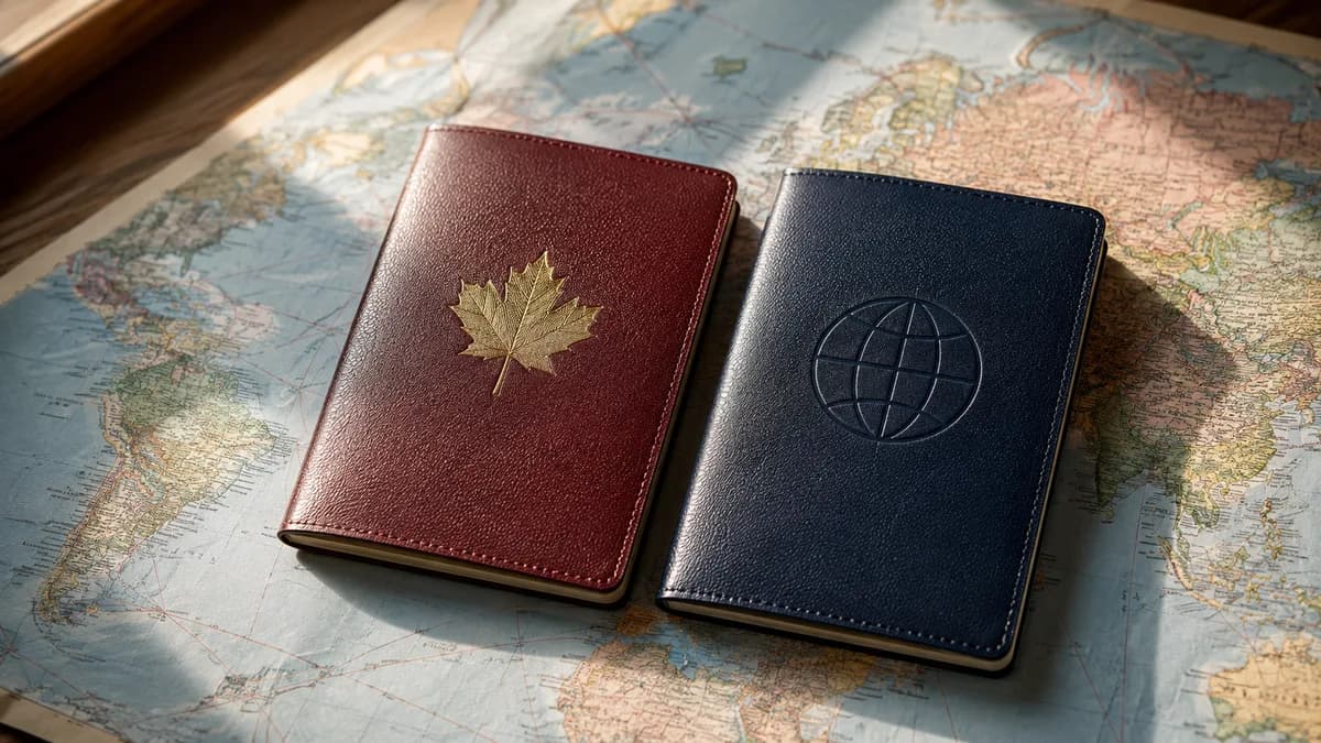 Two passports side by side, one with a maple leaf, on a world map