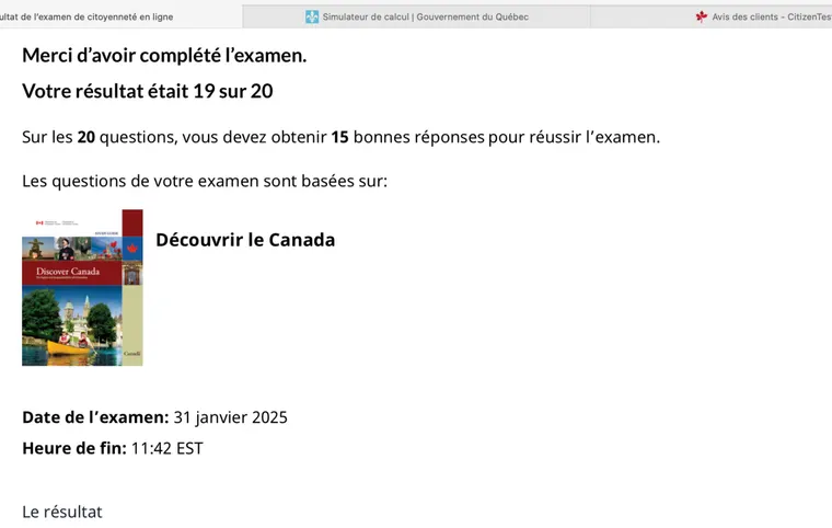 Official screenshot: 19 out of 20 on the citizenship test (in French)